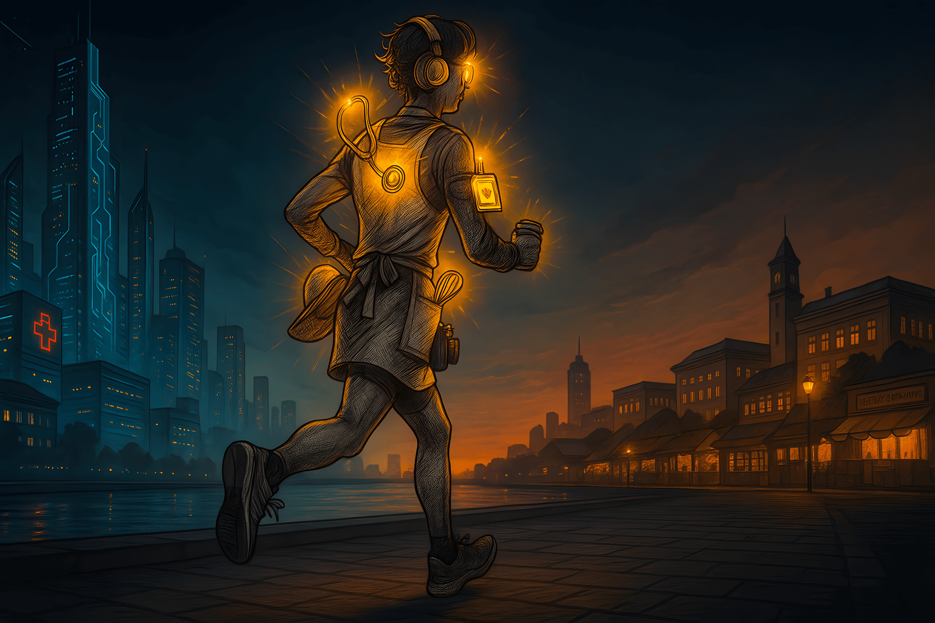 Morlder 在河堤上奔跑，左側科技重鎮、右側一般世界